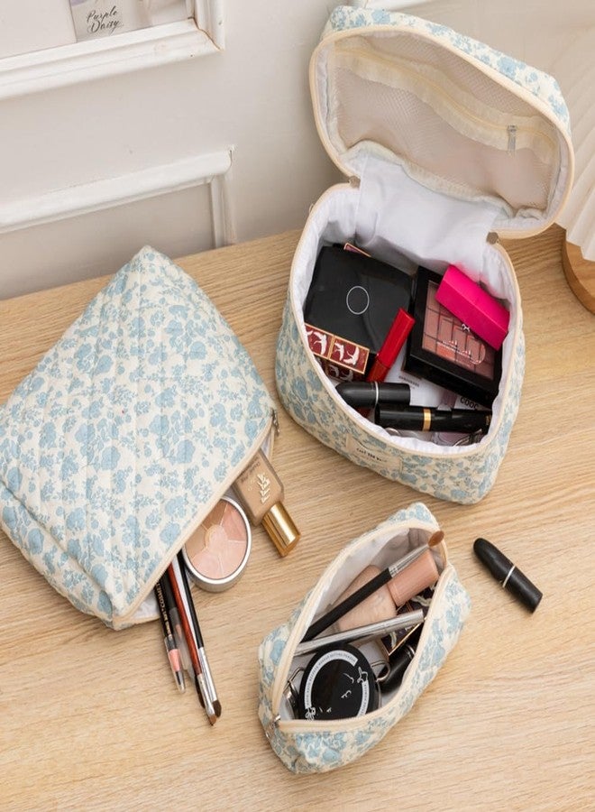 FITINI Travel Makeup Bag Large Quilted Cosmetic Pouch for Women Purse With Handle Zipper Cosmetic Brush Bags,Floral Blue - Image 5